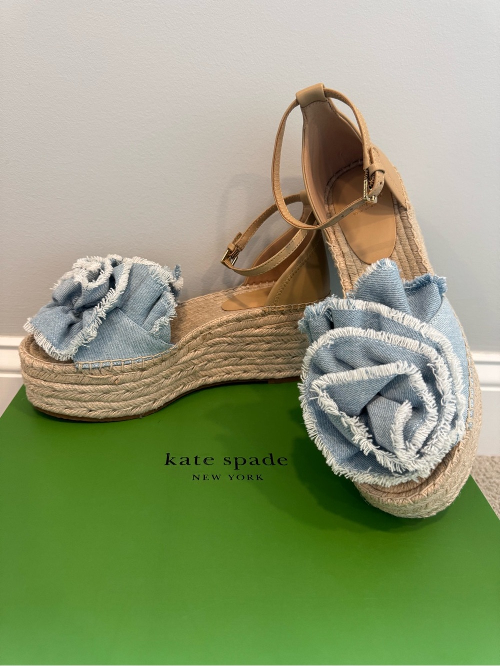 kate spade Light Blue Denim Floral Espadrille Platform Sandals